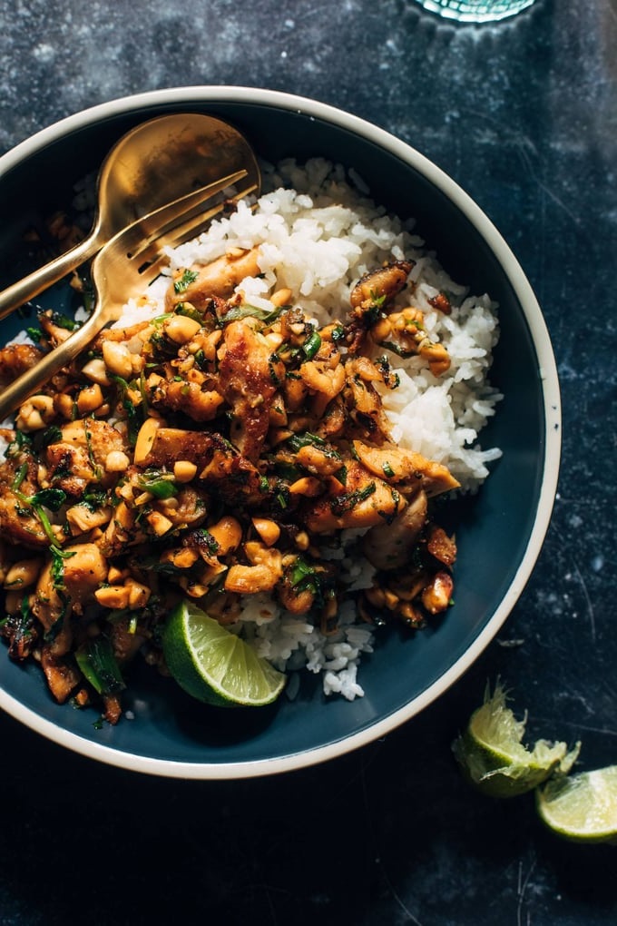 Ingwer-Erdnuss-Hühnchen mit Kokosnuss-Reis